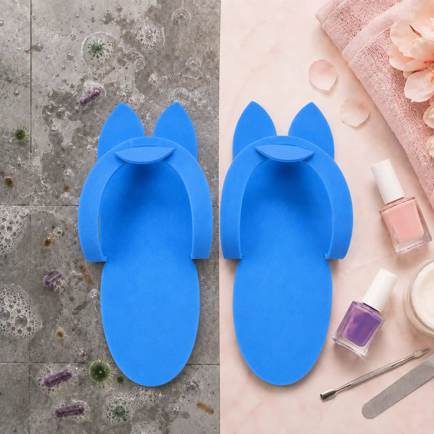 Chancla desechable de goma EVA para SPA y pedicura en Gran Canaria, presentada en composición visual relacionada con balnearios, duchas públicas y centros de uñas