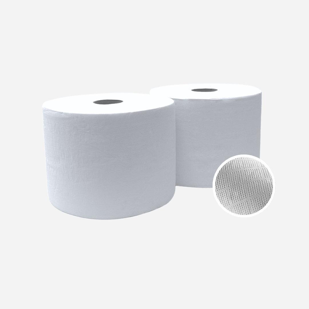 Pack de 2 bobinas de papel industrial 100% celulosa para talleres mecánicos y limpieza profesional en Gran Canaria.