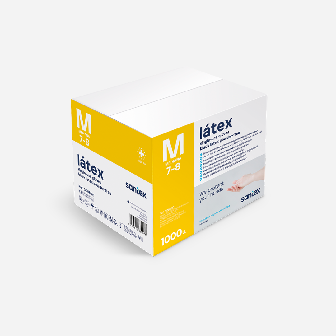 Caja de 100 guantes de látex negro sin polvo, embalaje para uso en tatuajes, clínicas, peluquerías y estética. Resistencia y durabilidad para profesionales en Gran Canaria y toda Canarias, ideal para entornos que exigen protección y seguridad.