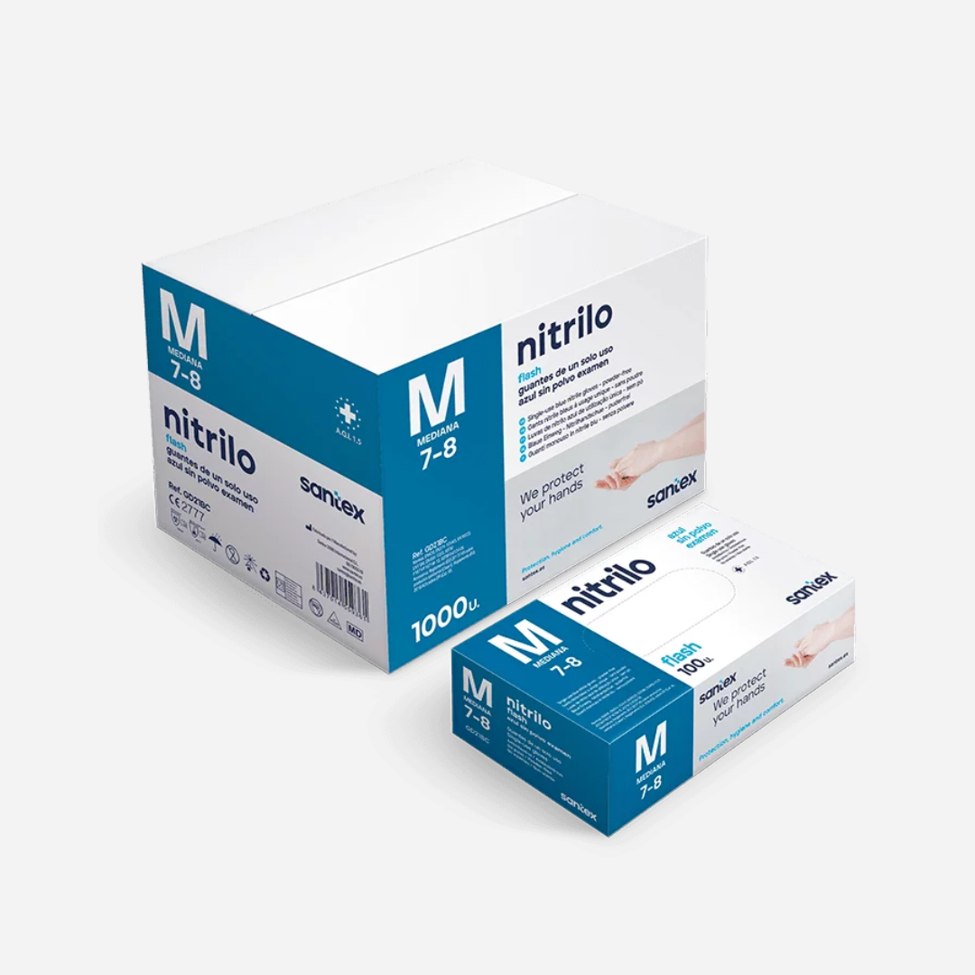 Guantes de nitrilo azul embalados en caja de 100 unidades, diseñados para garantizar protección higiénica en sectores sanitarios, alimentarios y automotrices.