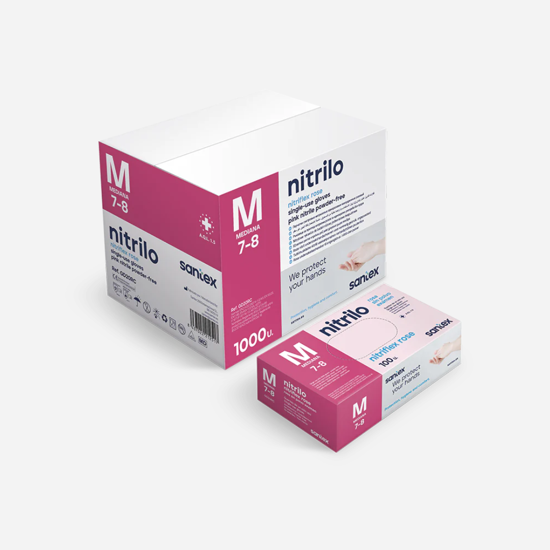 Embalaje completo de 1000 guantes de nitrilo rosa Nitriflex, la solución perfecta para grandes centros de belleza, clínicas sanitarias y estudios de tatuaje en Gran Canaria. Diseñados para garantizar la higiene y la protección durante procedimientos largos, resistentes a productos químicos y fáciles de poner y quitar gracias a su textura sin polvo.