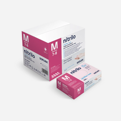 Embalaje completo de 1000 guantes de nitrilo rosa Nitriflex, la solución perfecta para grandes centros de belleza, clínicas sanitarias y estudios de tatuaje en Gran Canaria. Diseñados para garantizar la higiene y la protección durante procedimientos largos, resistentes a productos químicos y fáciles de poner y quitar gracias a su textura sin polvo.