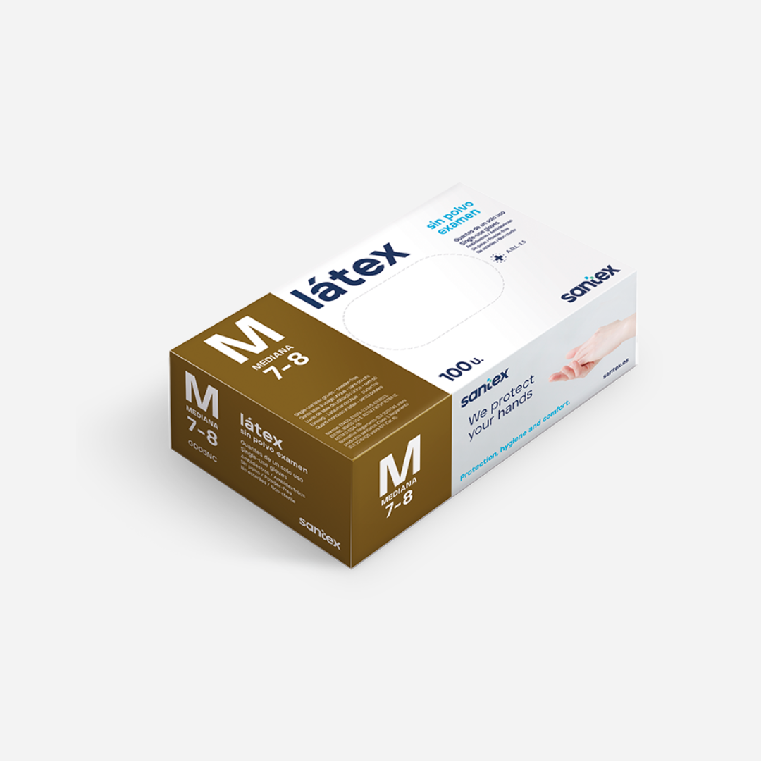 Caja de 100 guantes de látex blanco sin polvo para protección, alta resistencia y uso cómodo en múltiples sectores.