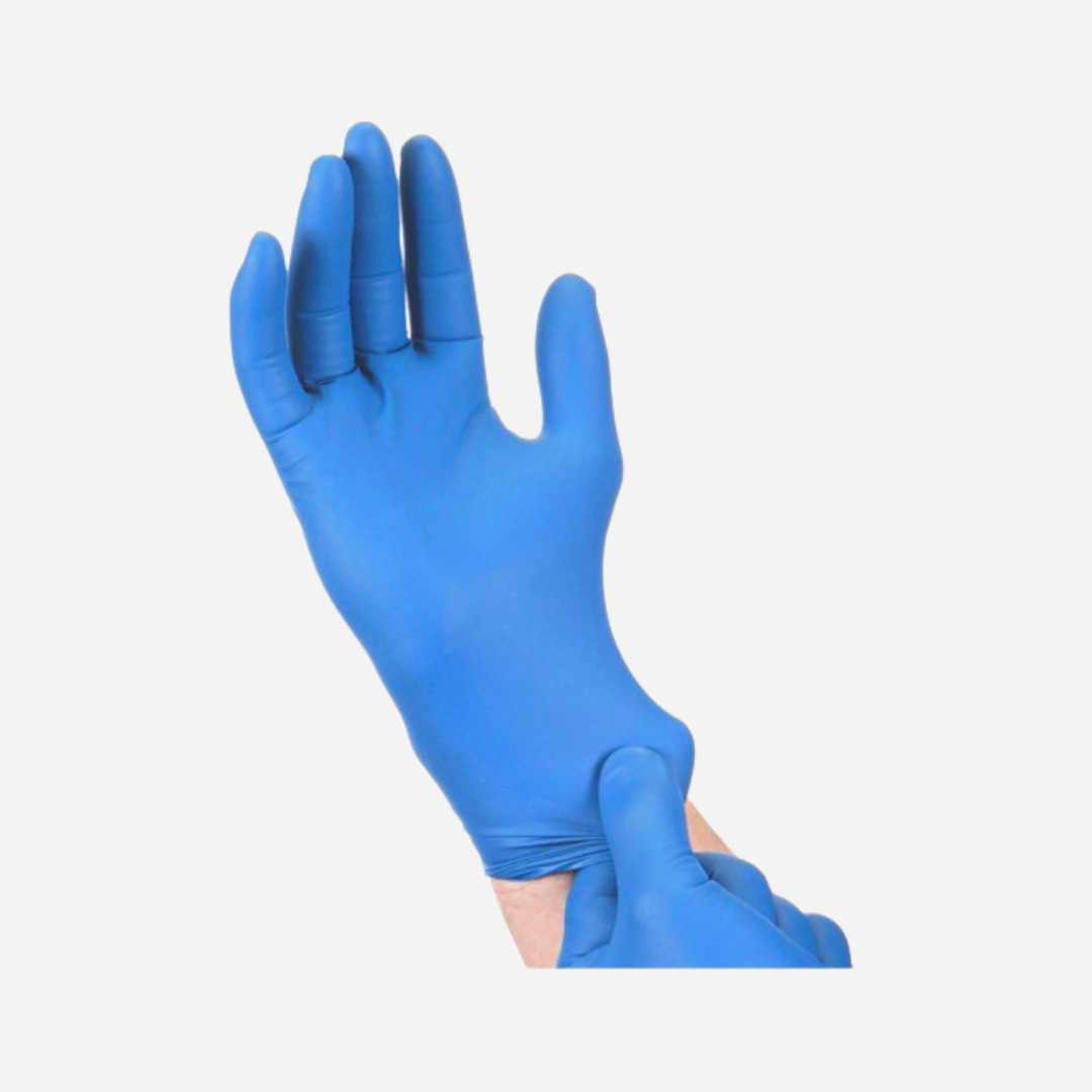 Guantes de nitrilo azul sin polvo de 4,5 gramos, ideales para profesionales en sanidad, alimentación e industria en Canarias. Guantes azules resistentes y cómodos para uso diario.