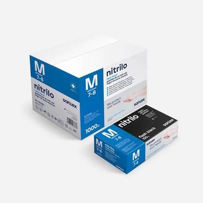 Imagen de la caja de 1000 unidades de guantes de nitrilo negro, empaquetado ideal para grandes empresas, clínicas, talleres y cocinas industriales en Canarias.