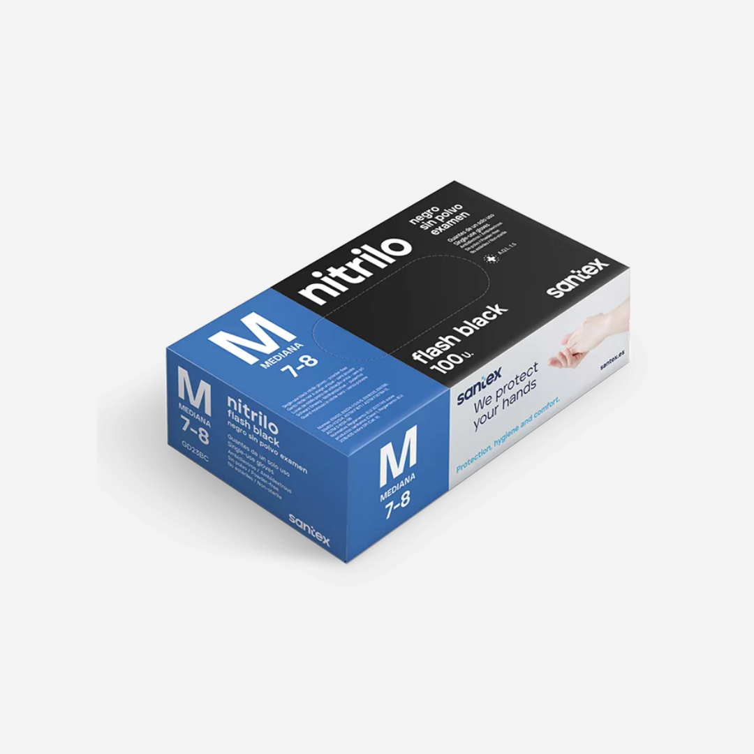 Imagen de un estuche de guantes de nitrilo negro de 100 unidades, perfecta opción para profesionales del sector sanitario, HO.RE.CA y clínicas dentales que buscan calidad y ahorro.