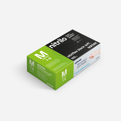 Guantes de nitrilo negro Nitriflex Black Soft en caja de 100 unidades, perfectos para sectores de tatuaje, estética y peluquería en Gran Canaria. Ofrecen alta sensibilidad, comodidad y protección durante largas jornadas de trabajo.