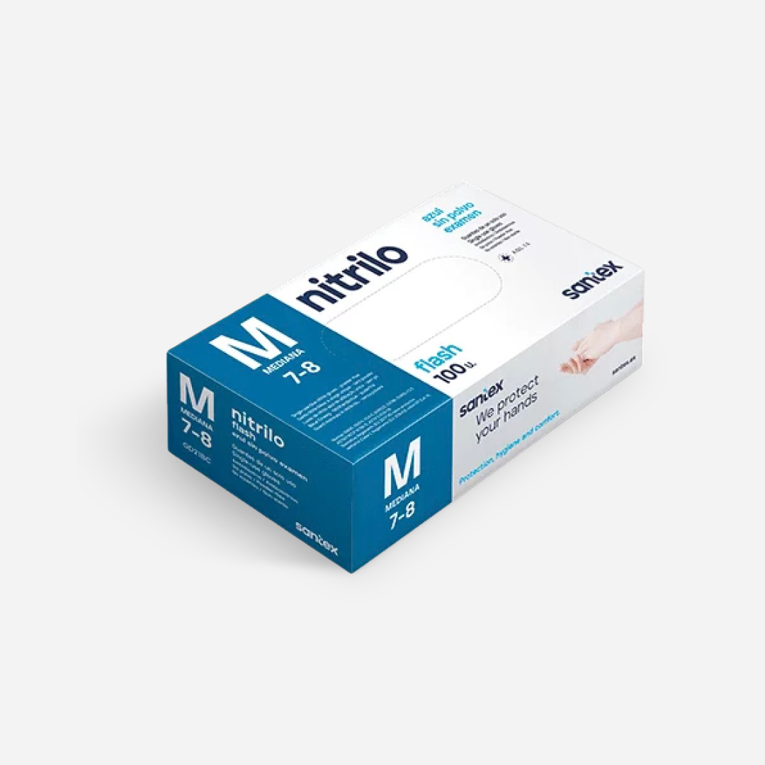 Imagen de guantes de nitrilo sin polvo de 4,5 gramos en caja de 100 unidades, disponibles en Gran Canaria. Ideales para sectores de sanidad, alimentación y automoción. Máxima protección y confort en tareas profesionales.