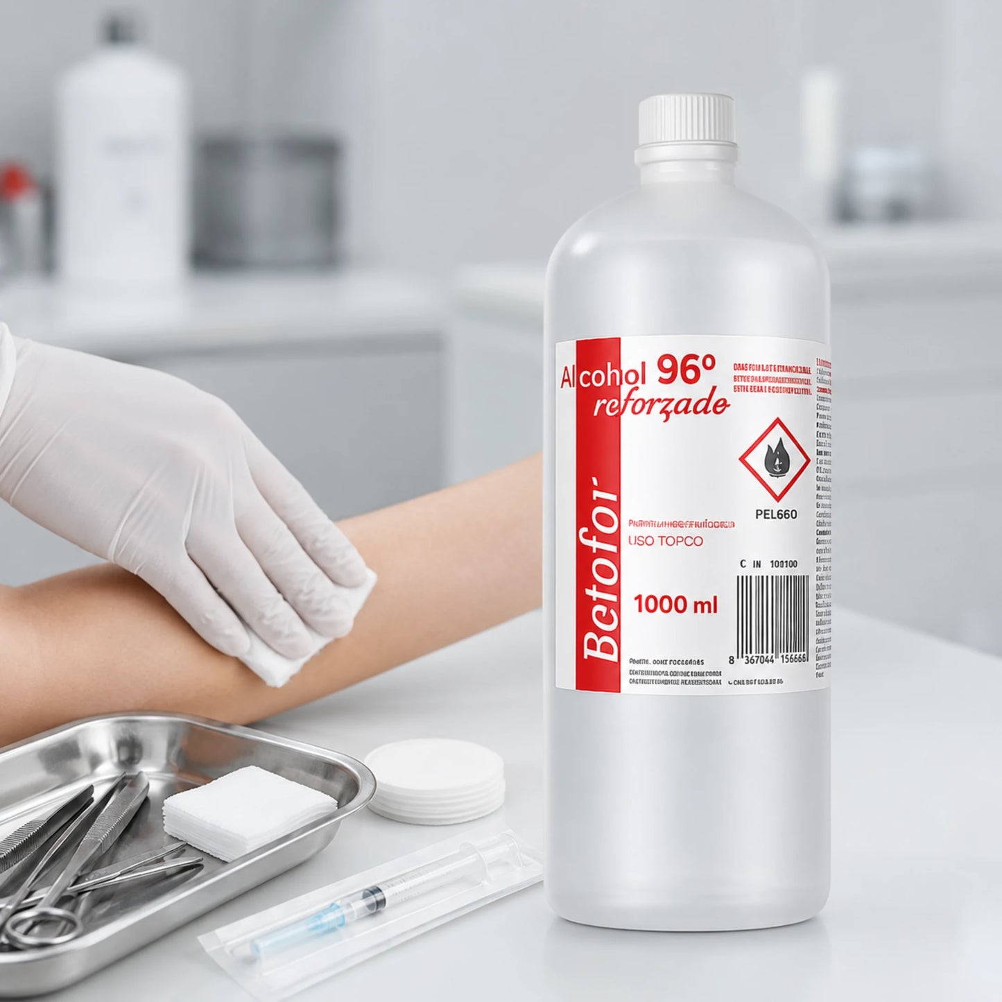 Botella de Alcohol Etílico 96º junto a gasas, jeringas e instrumental sanitario sobre una mesa clínica