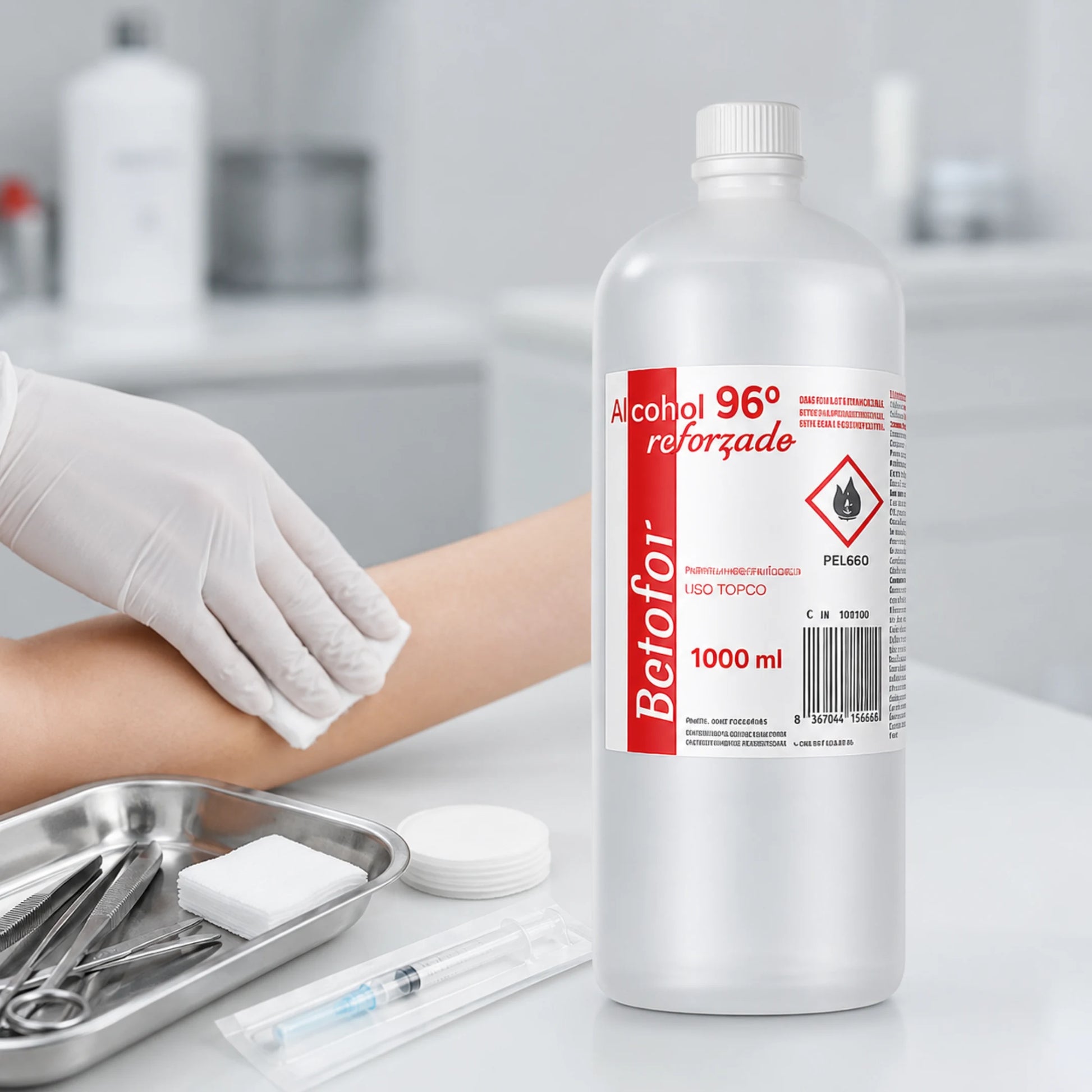 Botella de Alcohol Etílico 96º junto a gasas, jeringas e instrumental sanitario sobre una mesa clínica