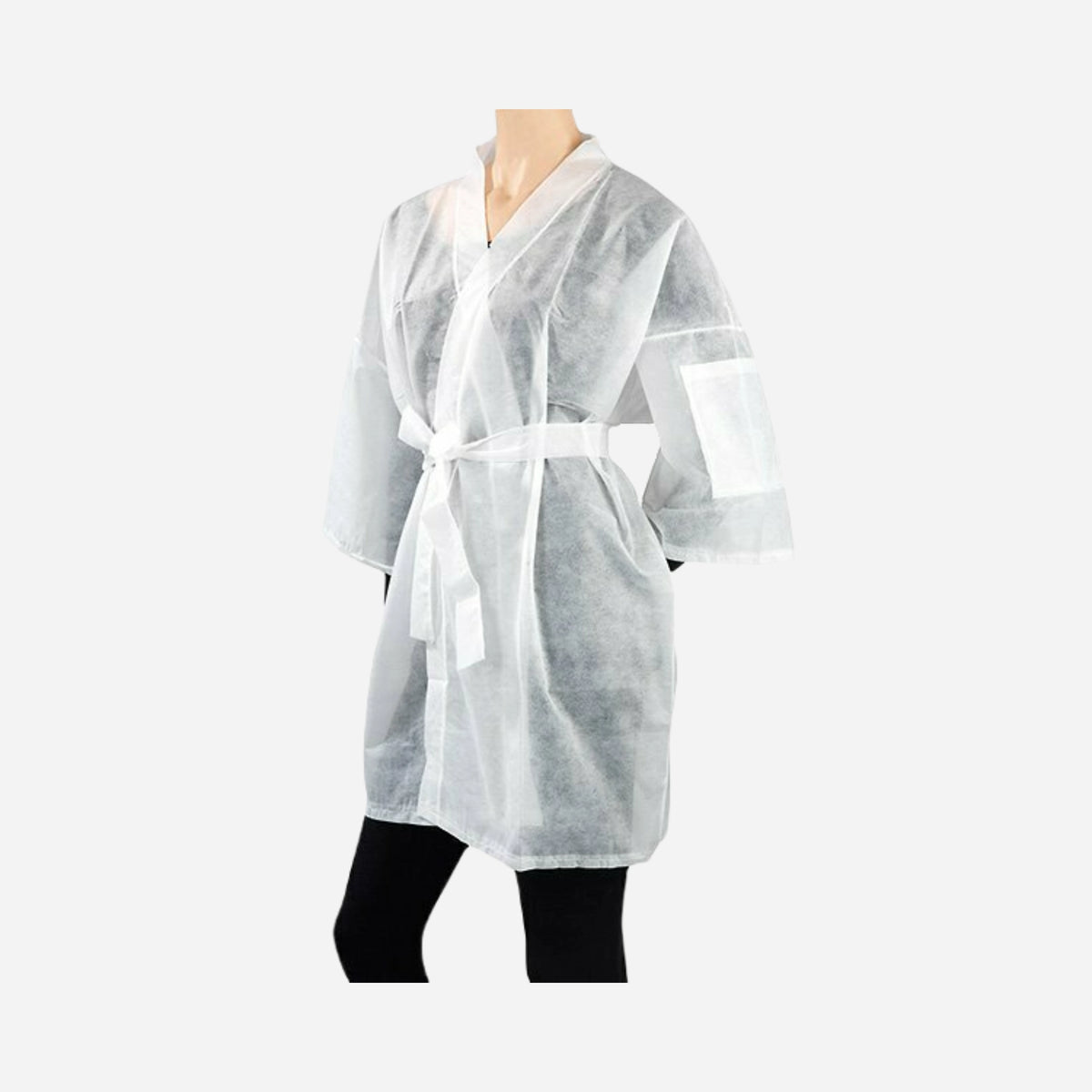 Bata kimono desechable blanca de TNT de polipropileno para profesionales de estética, peluquería y spa.