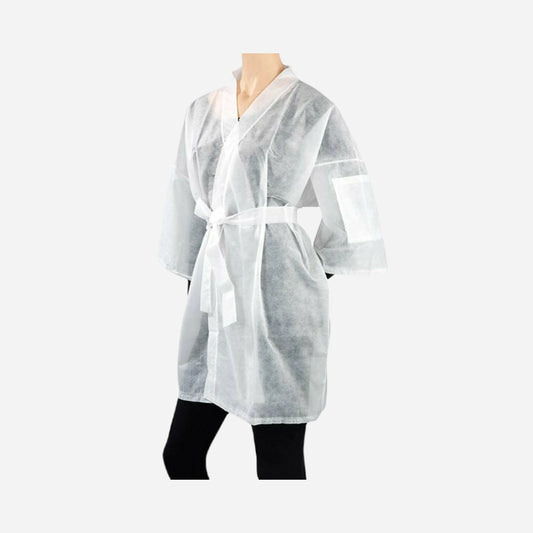 Bata kimono desechable blanca de TNT de polipropileno para profesionales de estética, peluquería y spa.
