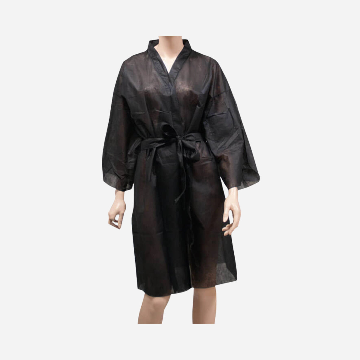 Bata kimono desechable color negro de TNT de polipropileno para profesionales de estética, peluquería y spa.
