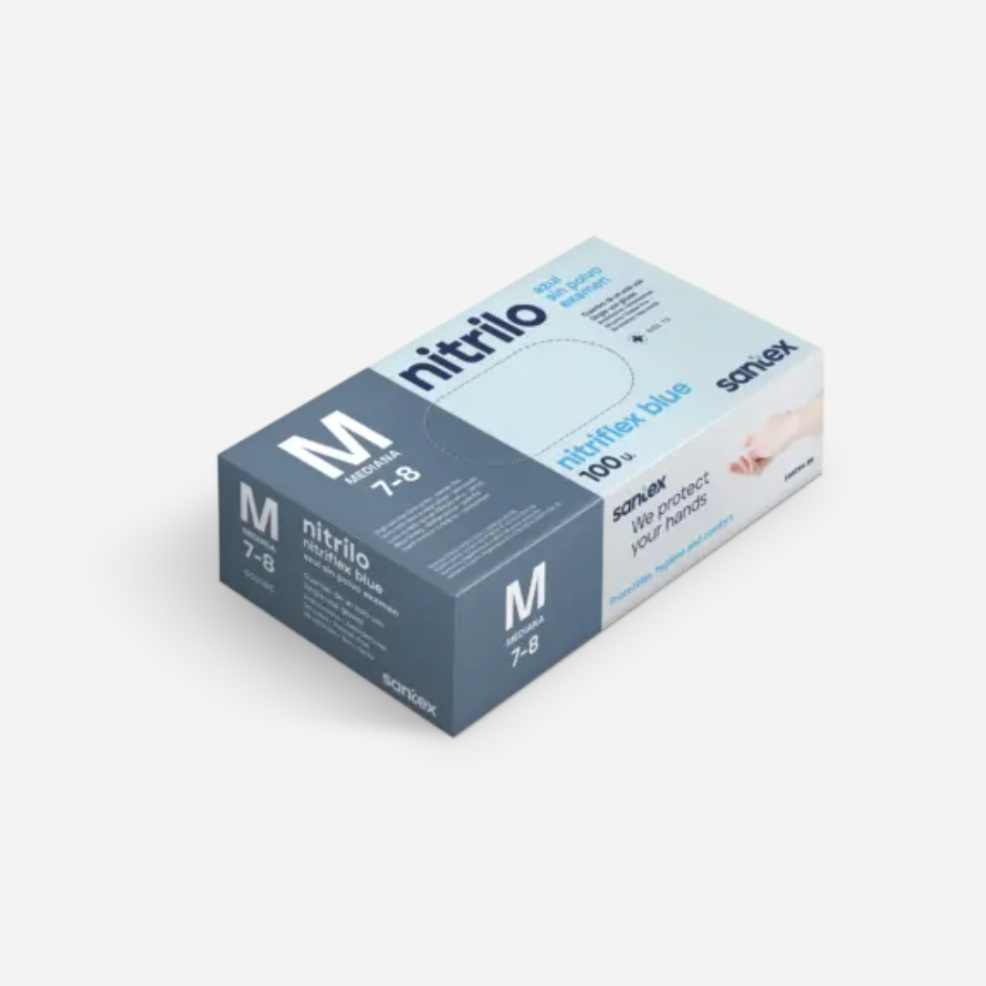 Caja de 100 unidades de guantes nitrilo azul sin polvo, perfectos para centros profesionales de Gran Canaria.