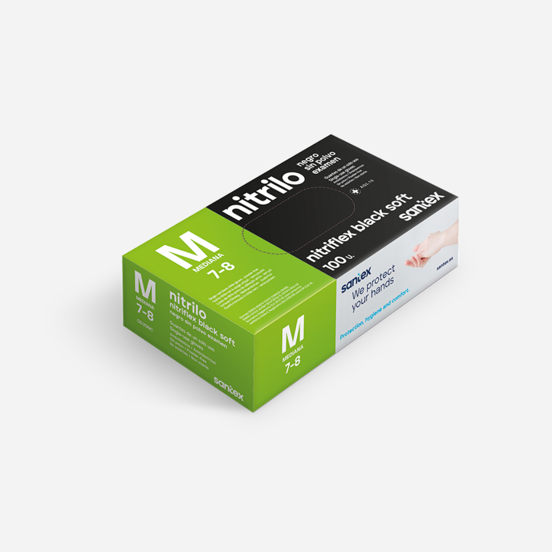 Caja de 100 guantes de nitrilo Nitriflex Black color negro, una opción económica para estética, peluquería o tattoo en Gran Canaria.