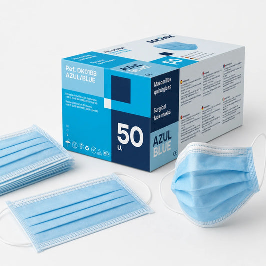 Caja de 50 mascarillas quirúrgicas Tipo IIR de tres capas, disponibles en las variantes azul, negra y rosa en Gran Canaria