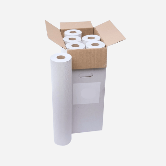 Caja con 6 rollos de Papel Camilla 1 Capa desechable, económico y reciclado, ideal para clínicas y centros de estética en Gran Canaria.