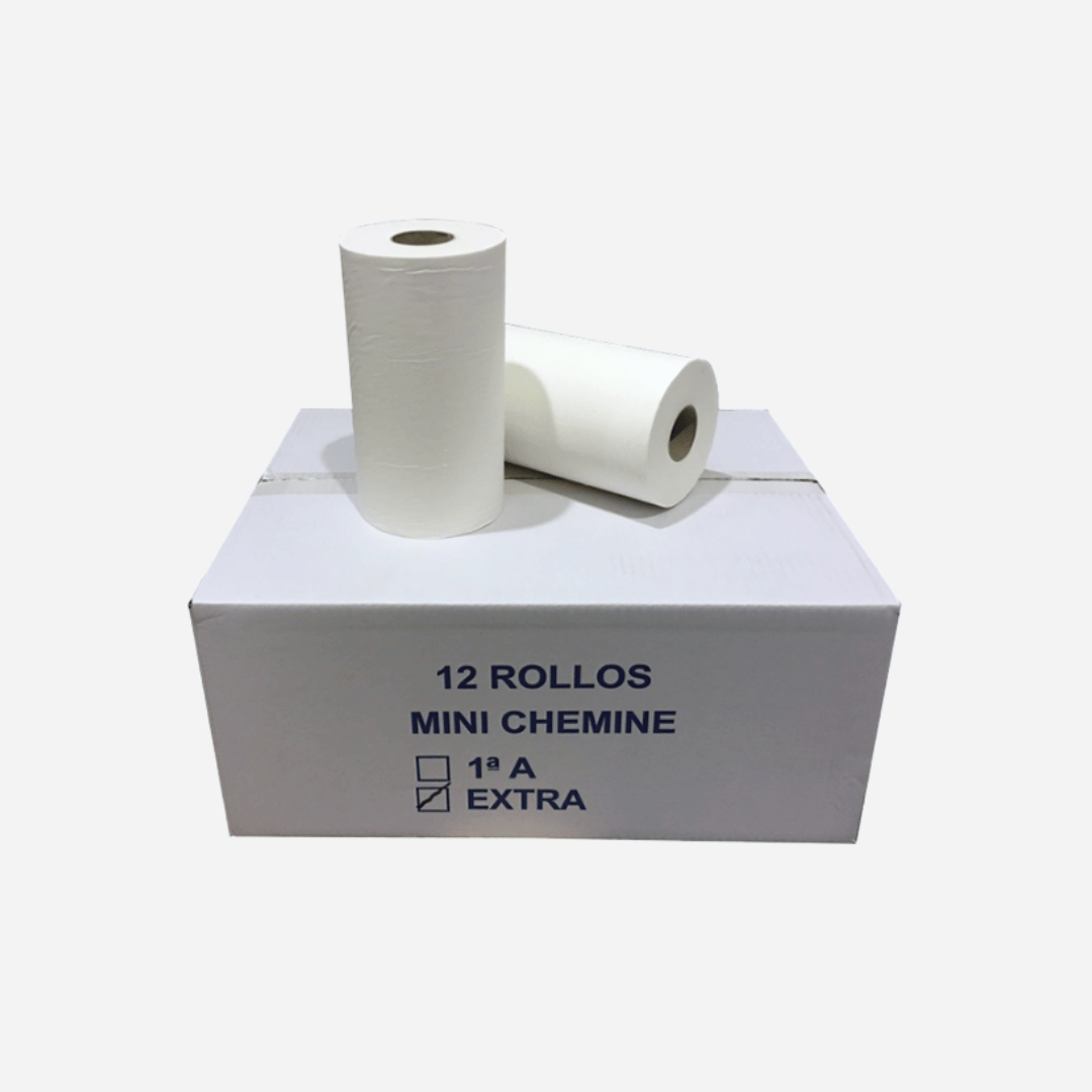 Caja de 12 rollos Mini Cheminé con dos rollos sobre la tapa, mostrando el tamaño real del paquete y su presentación para distribuidores en Gran Canaria.