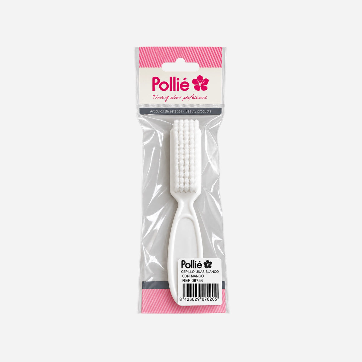 Cepillo de uñas blanco Pollié de 14CM con mango ergonómico y cerdas suaves y resistentes para limpieza de manos y uñas.