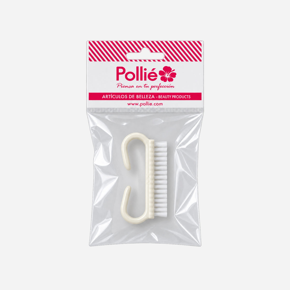 Cepillo de uñas blanco pequeño de 7CM con asa ergonómica y púas de nylon para higiene y manicura.