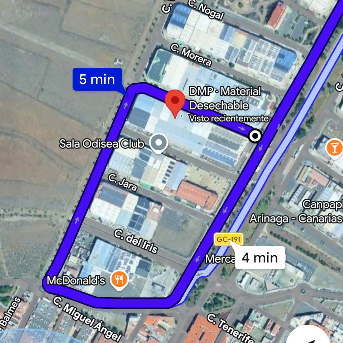 Vista aérea de cómo llegar a DMP · Material Desechable en el Polígono Industrial de Arinaga, Gran Canaria, cerca de la autopista y zonas comerciales.