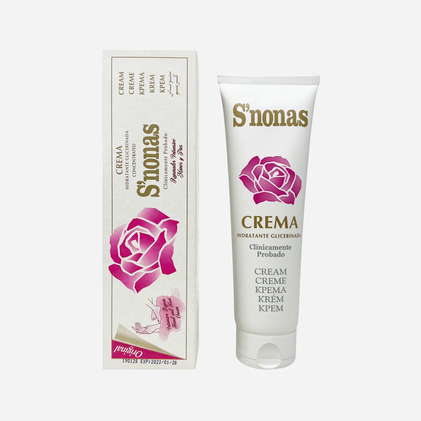Caja y bote de Crema S'Nonas Hidratante Glicerinada 150ML para manos y pies, crema original disponible en Gran Canaria.