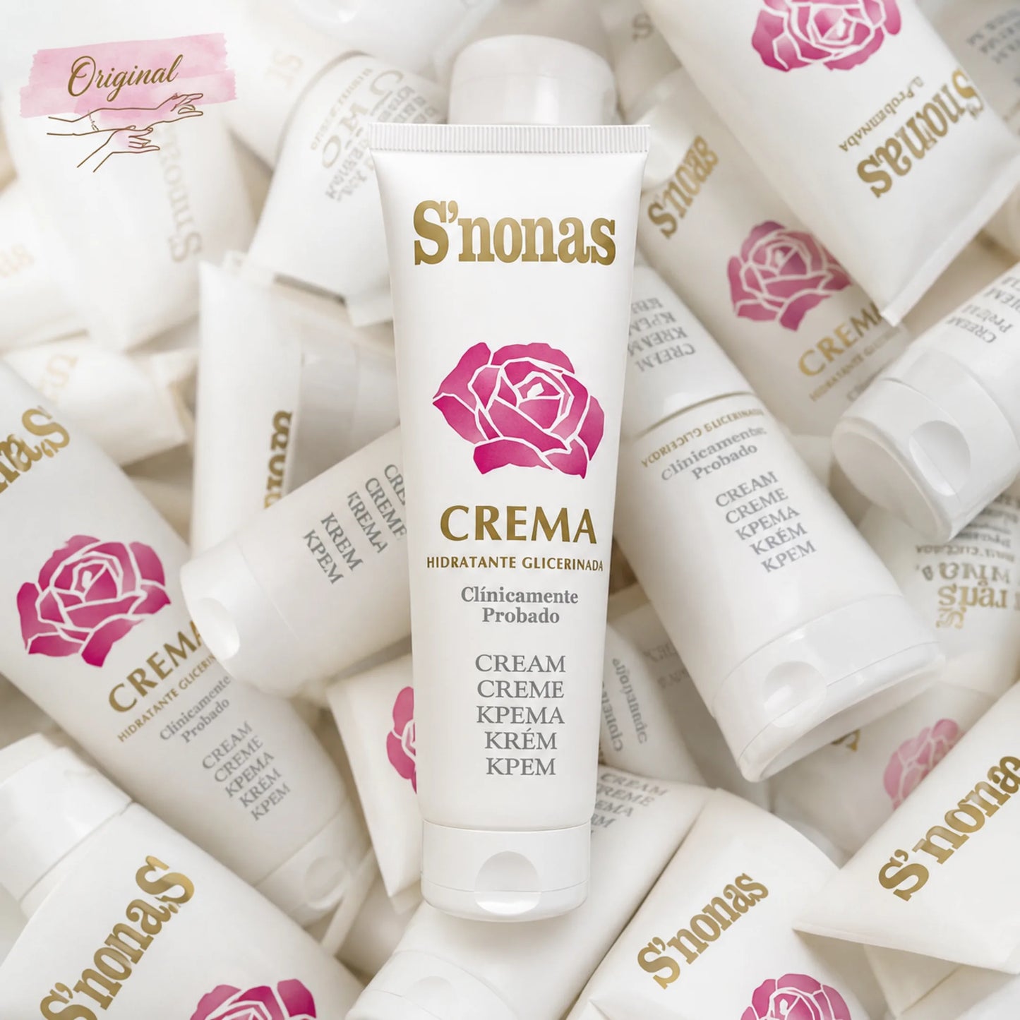 Bote central de Crema S'Nonas Hidratante Glicerinada 150ML rodeado de más envases, destacando que es la crema original en Gran Canaria.