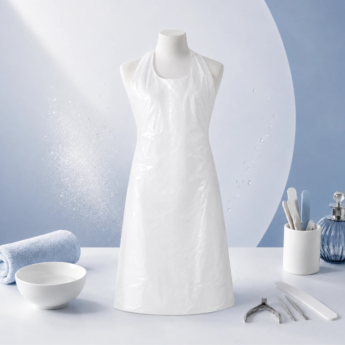 Delantal plástico blanco desechable para estética en composición de estudio con limas y accesorios de manicura, ideal para centros de uñas en Gran Canaria.