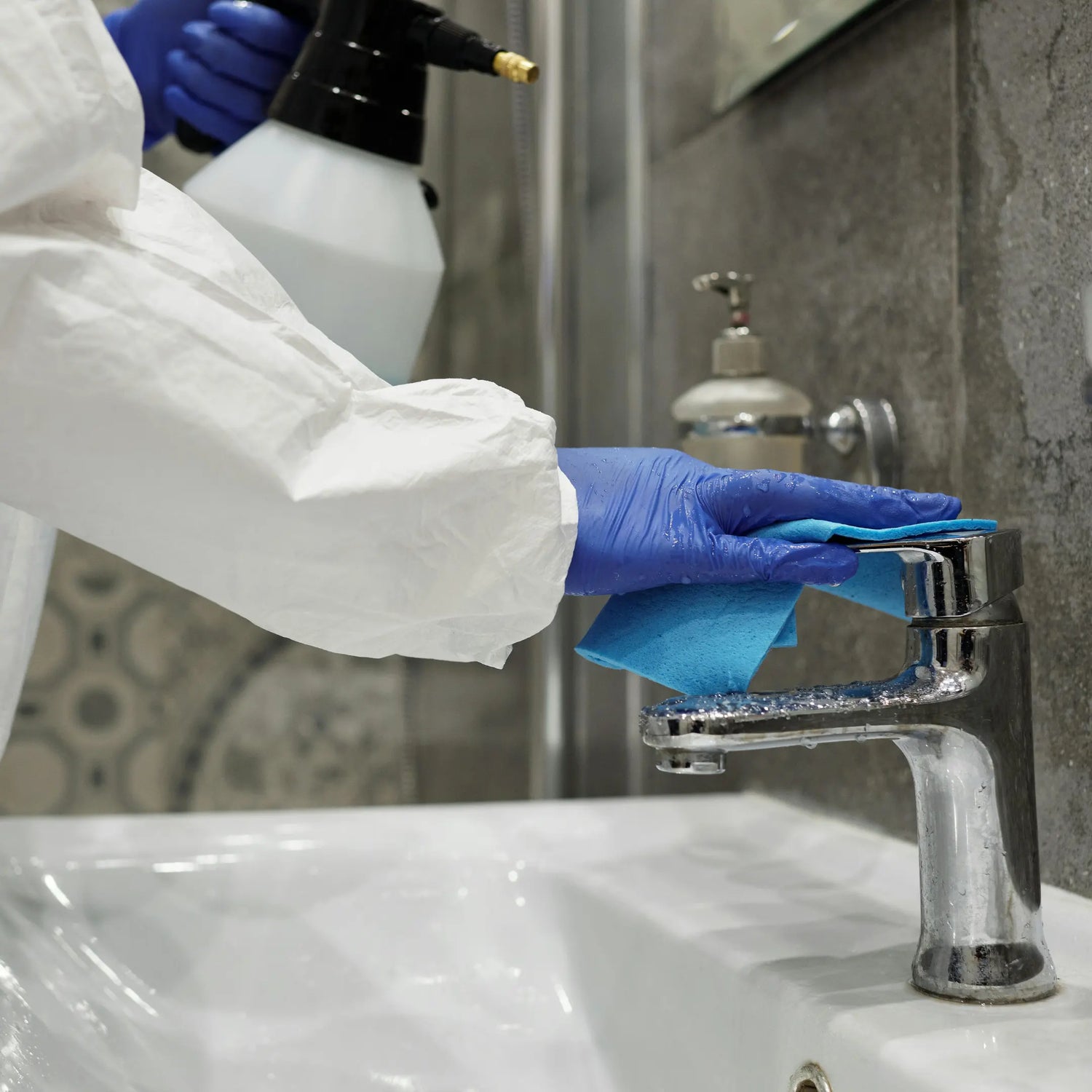 Producto desinfectante aplicado sobre lavabo y superficies del baño en Gran Canaria.