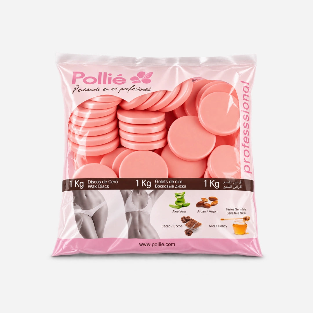 Discos de cera depilatoria rosa para pieles sensibles en bolsa profesional de 1 kg.