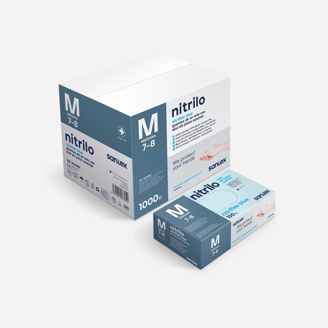 Embalaje profesional de 1.000 guantes de nitrilo azul económico, para peluquerías, laboratorios y clínicas en Gran Canaria.