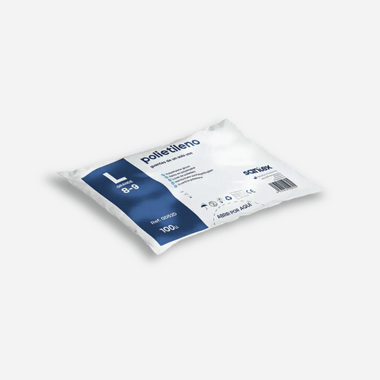 Estuche de 100 guantes de polietileno transparente de DMP · Distribuciones Marco Palacios, parte de embalaje completo de 10.000 unidades para venta profesional en Gran Canaria.