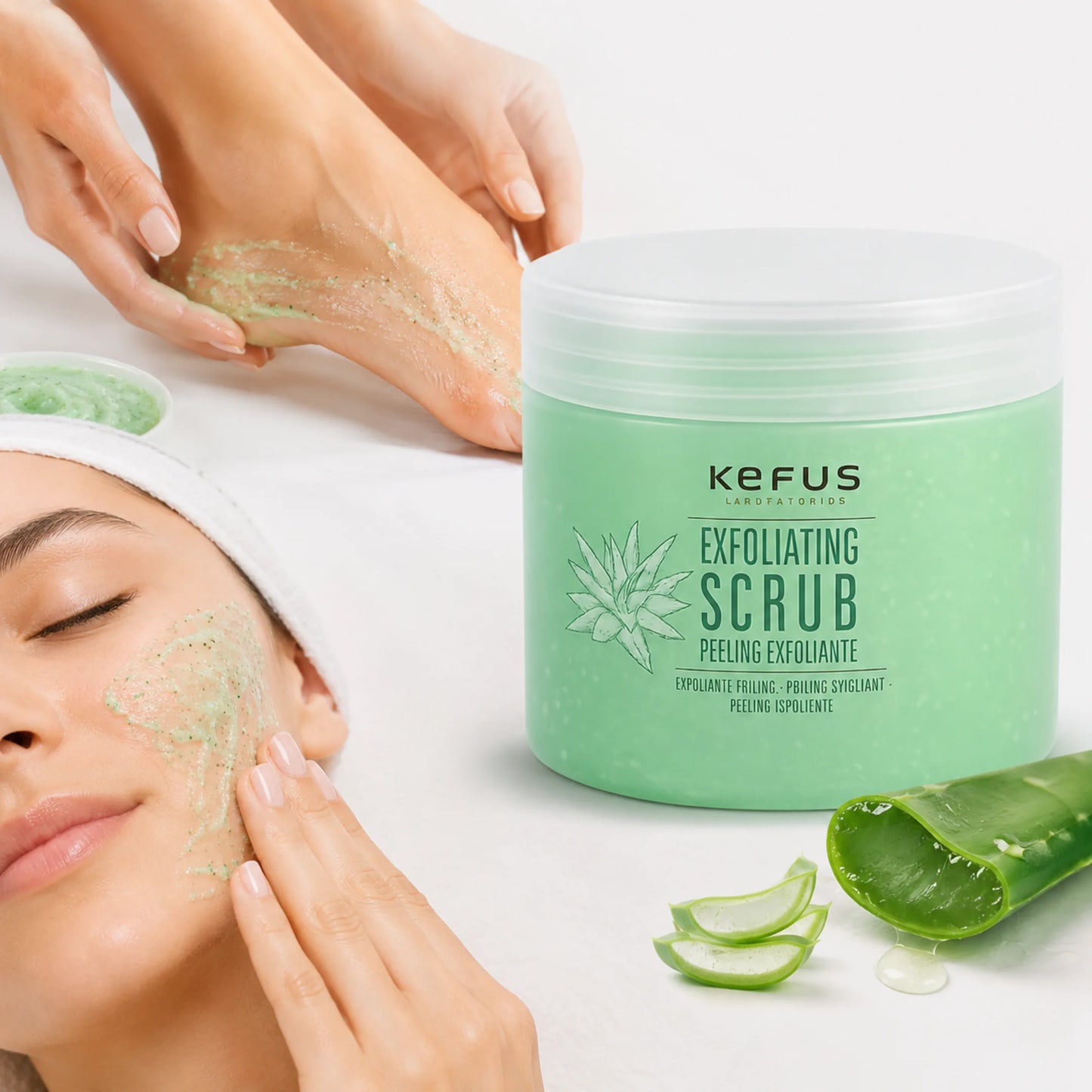 Exfoliante Aloe Vera Scrub Kefus aplicado en el rostro y los pies, con detalles de aloe vera para centros de estética y pedicura