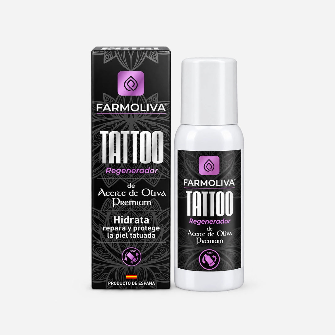 Farmoliva Tattoo Regenerador Spray 60ml en Gran Canaria con envase original, caja y bote blanco con etiquetado negro y detalles en color lila.