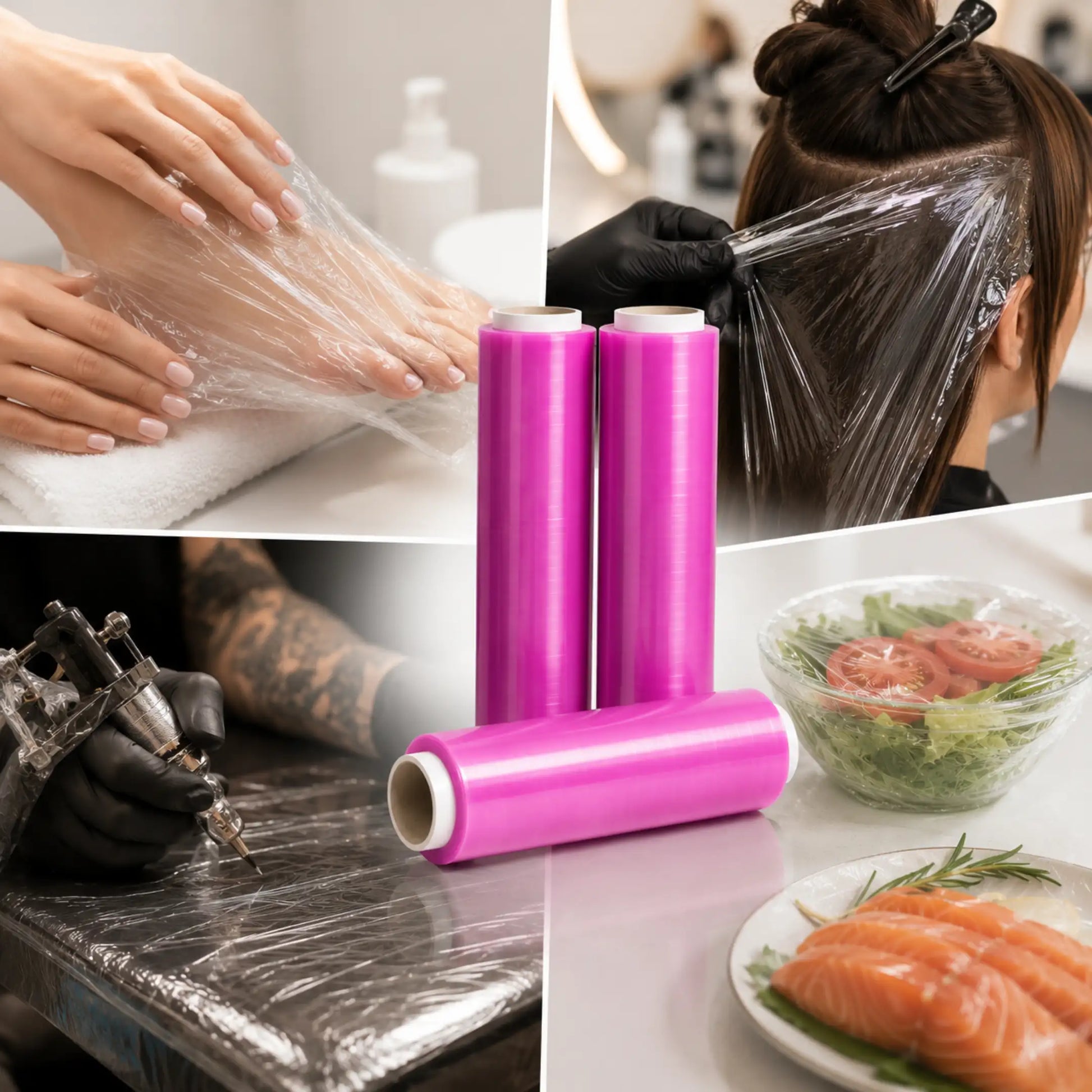 Tres rollos de film transparente profesional con ejemplos de uso en estética, peluquería, alimentación y estudios de tatuaje