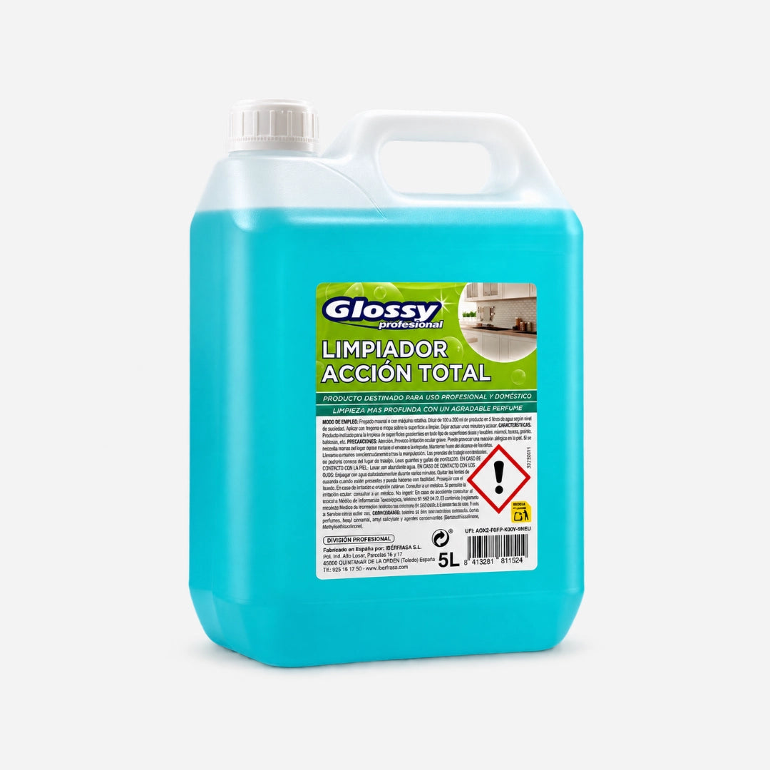 Fregasuelos Acción Total 5L Glossy para limpieza profesional de suelos y superficies duras lavables.