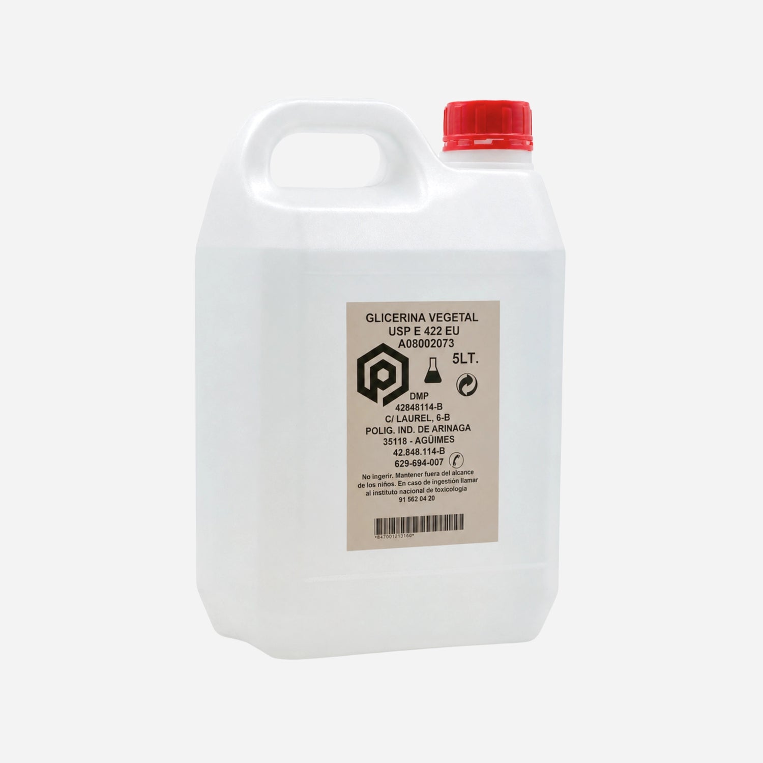 Envase transparente de Glicerina Vegetal Líquida 5L con tapón rojo disponible en Gran Canaria