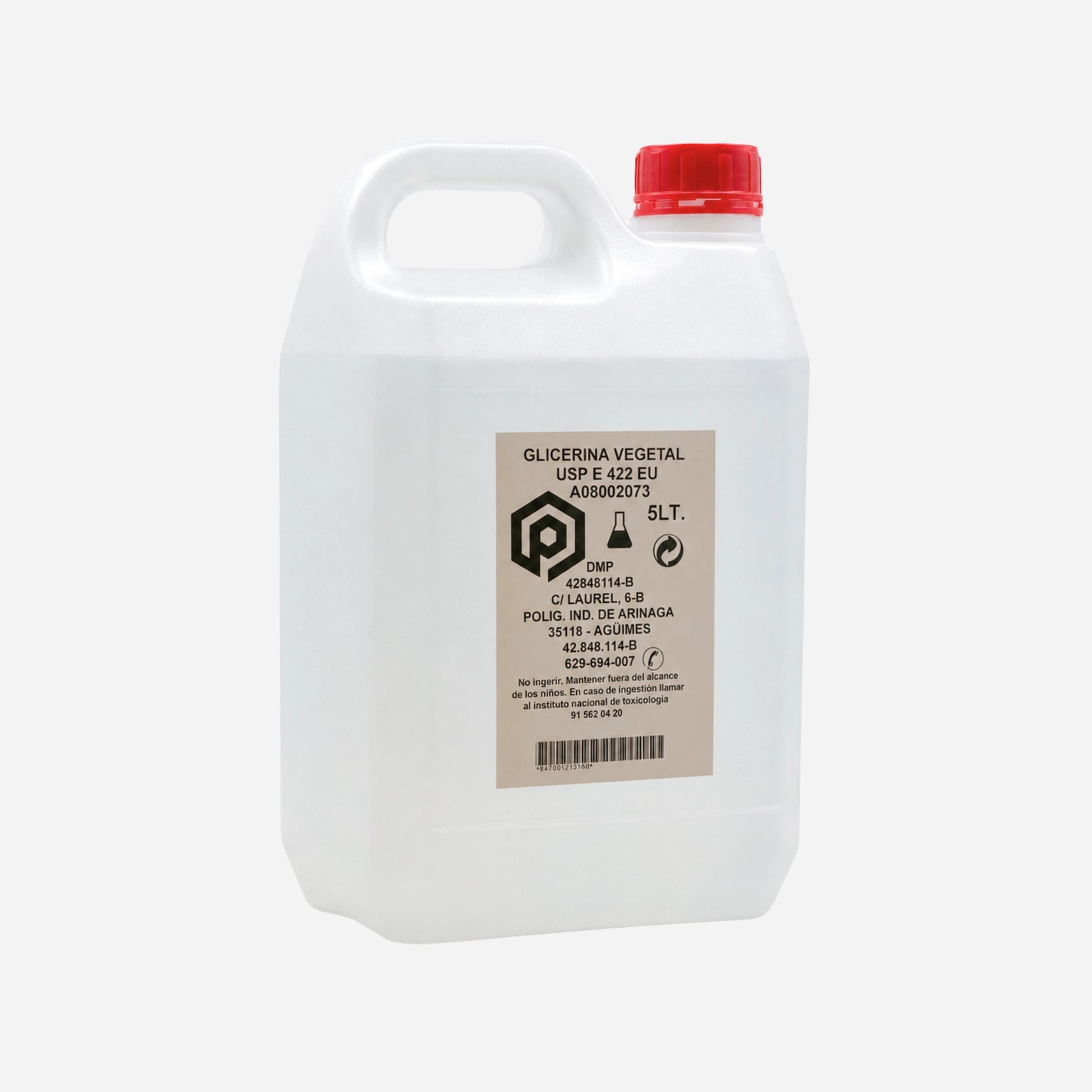 Envase transparente de Glicerina Vegetal Líquida 5L con tapón rojo disponible en Gran Canaria