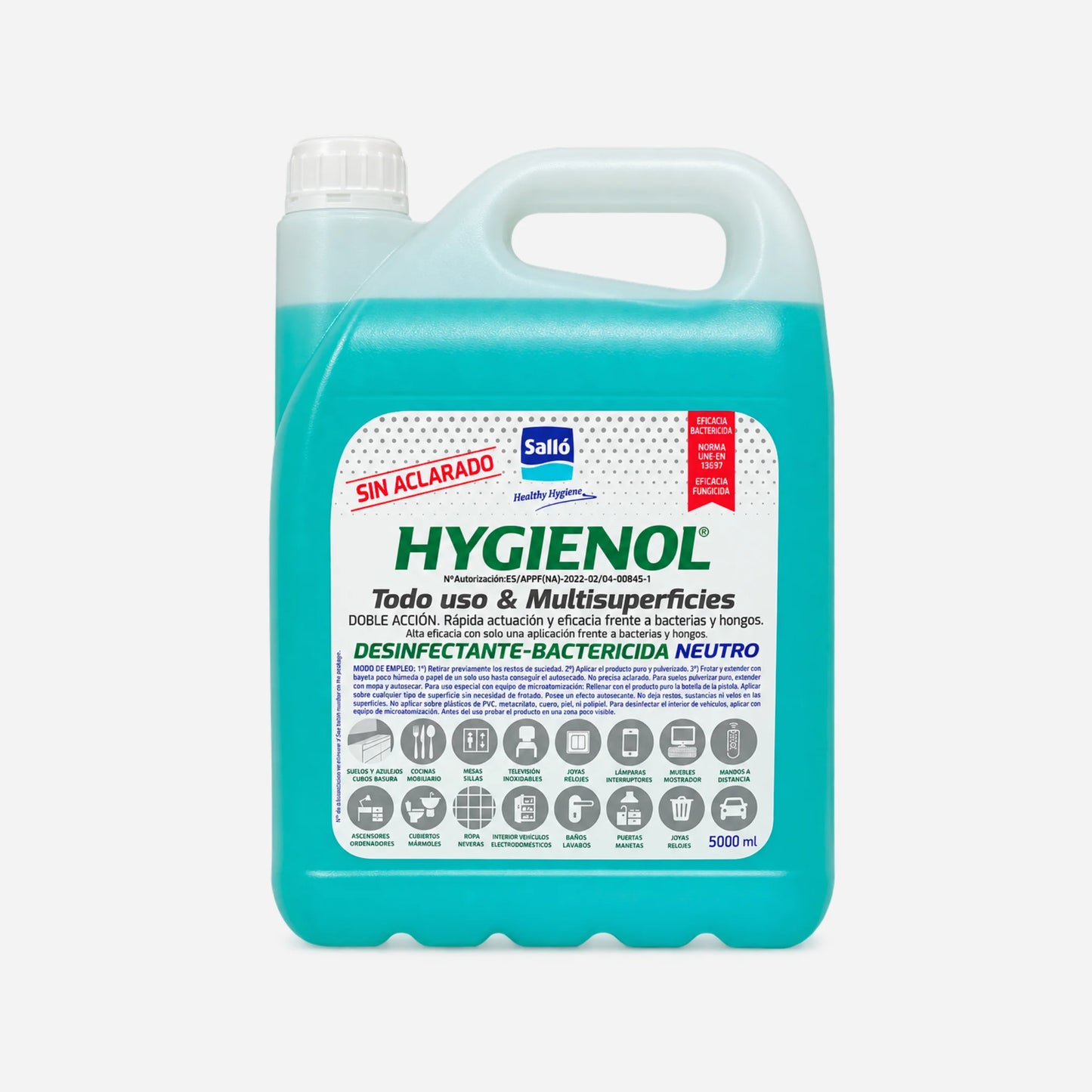 Hygienol 5L desinfectante de superficies multisuperficies listo para usar, bactericida y fungicida para uso profesional y doméstico con UNE-EN 13697 en Gran Canaria.