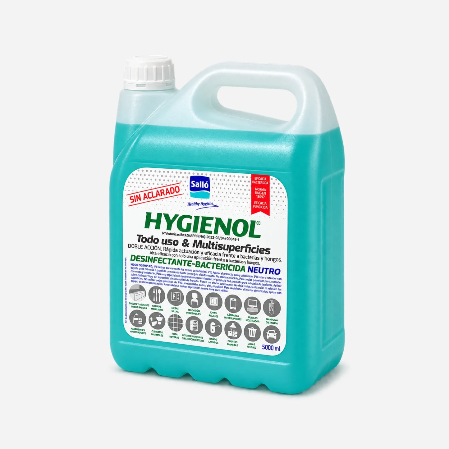 Garrafa de Hygienol desinfectante neutro para superficies con usos TP2 ambiental y TP4 alimentario, de rápida actuación y sin necesidad de dilución.