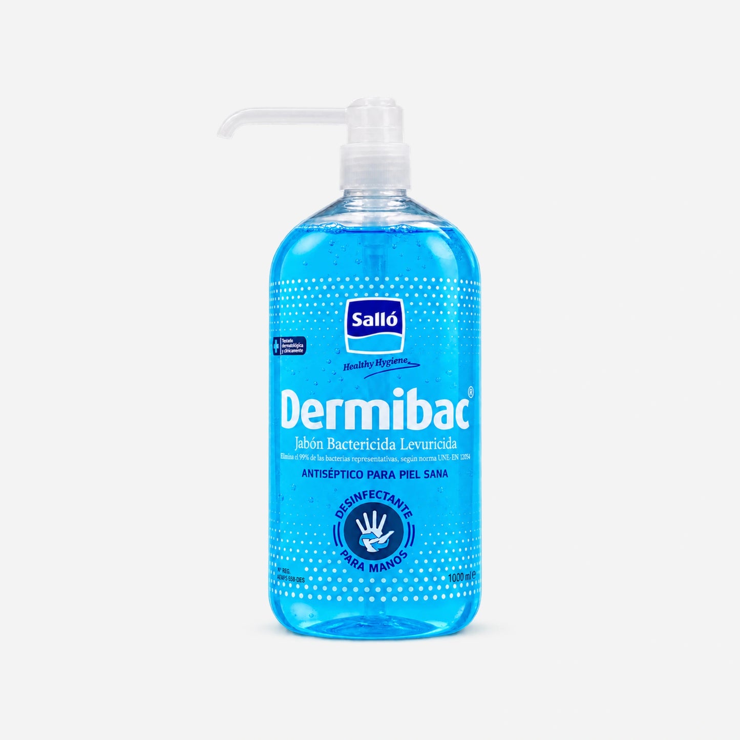 Jabón antiséptico para manos Dermibac Plus 1L con dosificador, envase transparente y jabón líquido azul para higiene profesional en Gran Canaria.