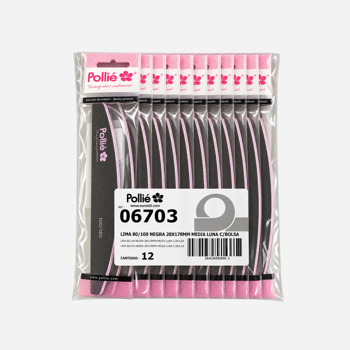 Lima de uñas negra media-luna 80/100 Pollié pack de 12 para manicura profesional en Gran Canaria