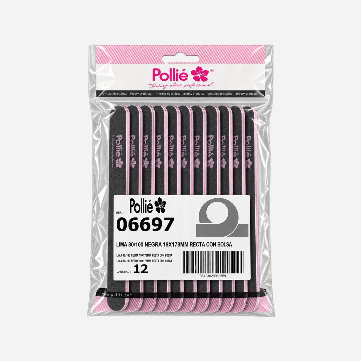 Lima de uñas negra recta 80/100 Pollié pack de 12 para manicura profesional en Gran Canaria