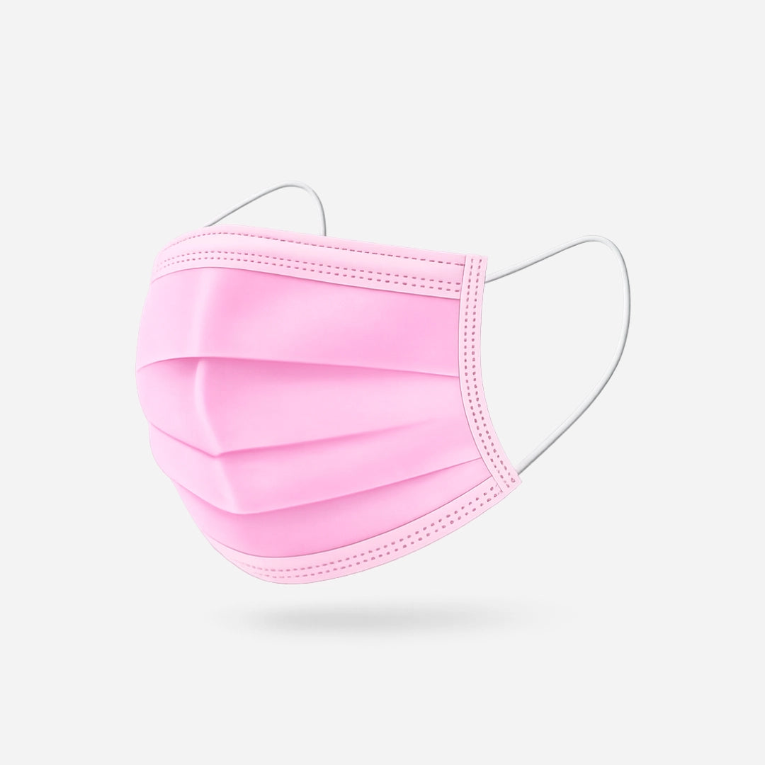 Mascarilla quirúrgica Tipo IIR rosa de tres capas con pliegues y elásticos blancos para uso profesional en Gran Canaria