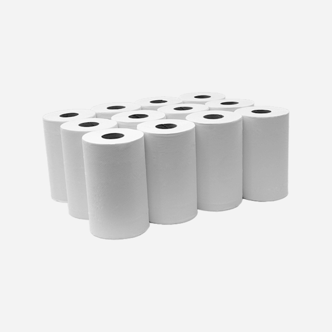 Vista del pack completo de 12 rollos Mini Cheminé dispuestos fuera de la caja, perfectos para abastecer entornos con alto consumo de papel en Gran Canaria.