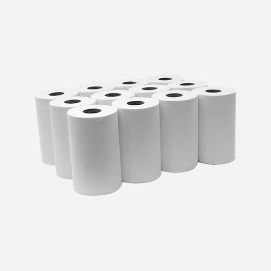 Vista del pack completo de 12 rollos Mini Cheminé dispuestos fuera de la caja, perfectos para abastecer entornos con alto consumo de papel en Gran Canaria.
