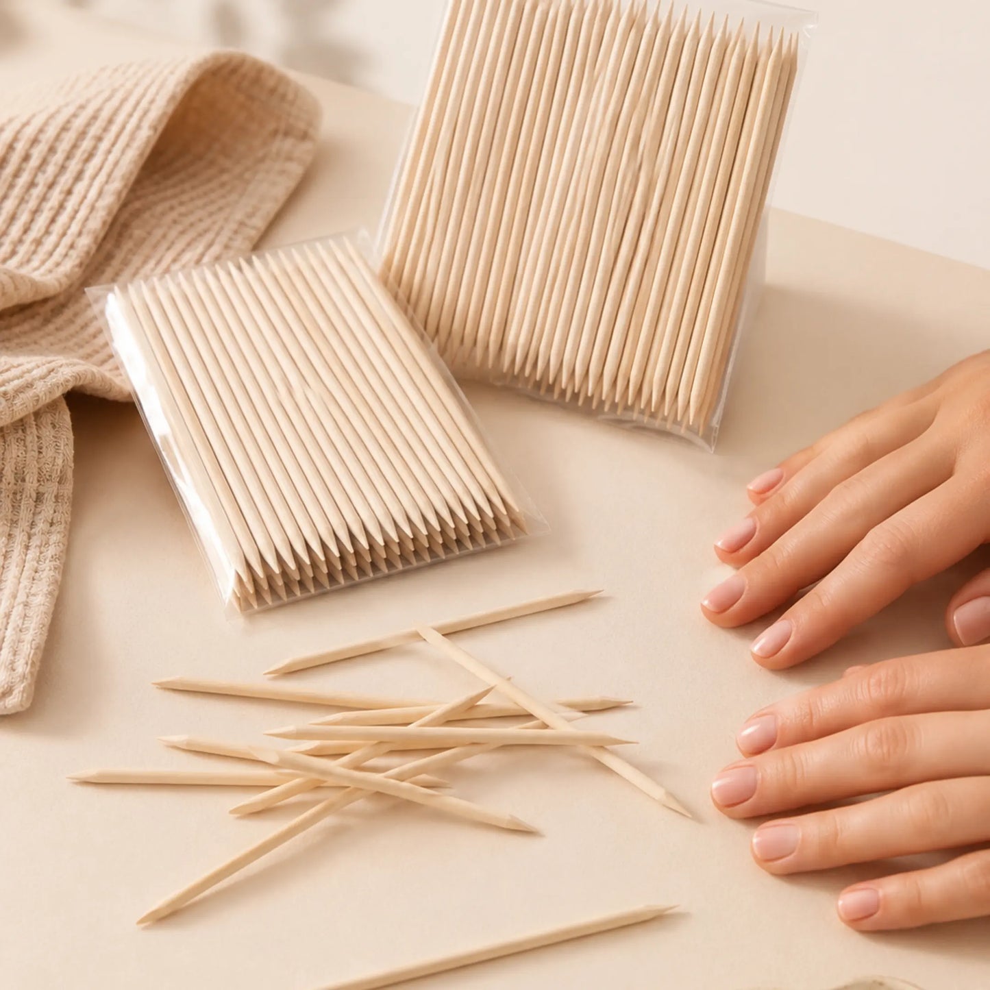 Composición de mesa de manicura con paquetes de 100 palitos de naranjo, unidades sueltas y manos en Gran Canaria