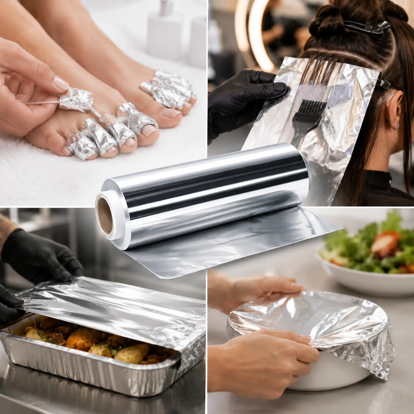 Rollo de papel de aluminio profesional con ejemplos de uso en peluquería, manicura, hostelería y cocina doméstica