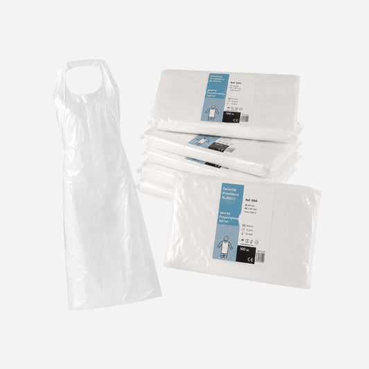 Paquetes de delantales desechables para estética en color blanco, fabricados en polietileno y presentados en pack de 100 unidades en Gran Canaria.