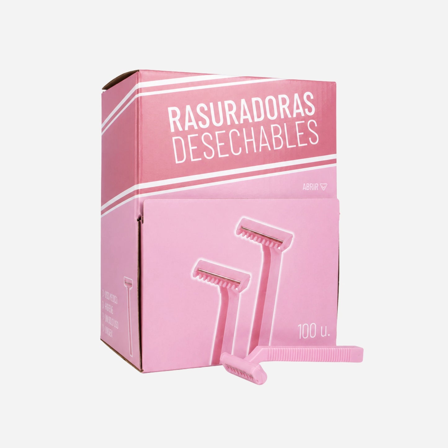 Caja de 100 Rasuradoras Desechables de 2 Hojas color rosa con una rasuradora en detalle en Gran Canaria
